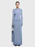 Women'S Metal Buckle Elegant Soft Dress Solid Spliced Folds Long Sleeved Slim Asymmetric Design Long Dress Female New