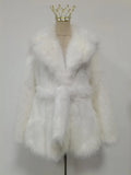 Solid Fashionable Fuax Fur Jacket for Women Lapel Long Sleeves Slim Spliced Lace Up Coat Female Winter Clothing New