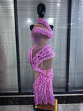 Purple Color Women Sleeveless Sexy Ruffles Mesh See Through Bodycon Long Dress Red Carpet Celebrate Show Girls' Performance Wear