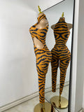 Sparkly Crystal Tiger Stripe Print Women Sexy Sleeveless Stretch Hollow Out Jumpsuit Nightclub Stage Performance Dance Costume