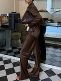 Brown Spliced Folds Two Piece Set Female Lapel Long Sleeve Shirt Vintage Commute Women's Trousers Sets Fashion New