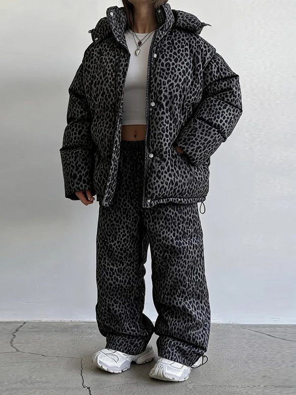 Women Winter Two‑Piece  Leopard Print Hooded Puffer Jacket Outfit Loose Cuffed Jogger Pants Warm Casual Streetwear Matching Set