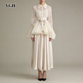 White Two Piece Set for Women Lapel Flare Sleeve Spliced Ruffles Lace Blouse High Waist Simpel Vest Dress Fairy Suit Female