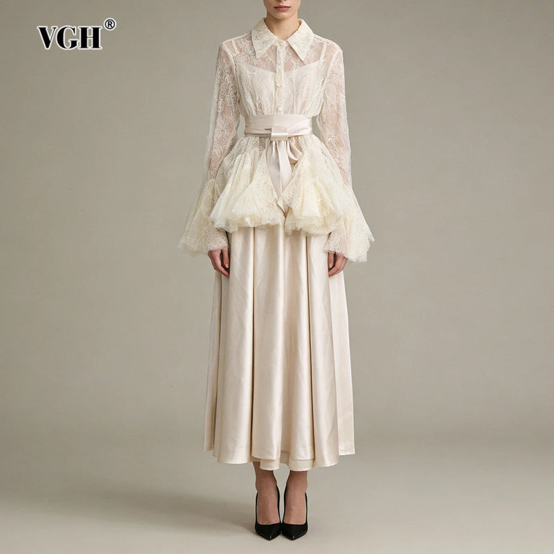 White Two Piece Set for Women Lapel Flare Sleeve Spliced Ruffles Lace Blouse High Waist Simpel Vest Dress Fairy Suit Female