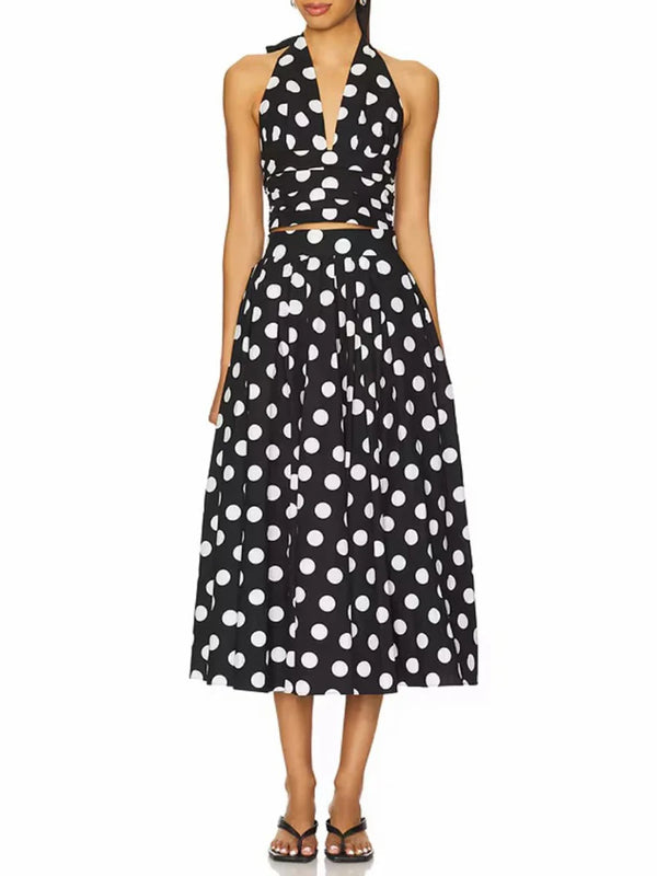 Beach Party Two Piece Set for Women Halter Neck Sleeveless Vest High Waist Polka Dot A Line Midi Skirt Suit Female
