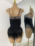 Women Sexy Sparkly Rhinestone Tassels Mesh See Through Sleeveless Bodysuit Nightclub Performance Dance Costume Singer Stage Wear