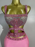 Luxury Birthday Evening Party Set Sparkly Rhinestone Pink Sexy Sleeveless Long Dress Two Pieces Nightclub Party Club Stage Wear