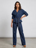Women Dark Blue Denim Sets Vintage Lapel Belted Peplum Long Sleeve Cuff Top Wide Leg Pants Outfit 2026 Lady Autumn Chic Suits