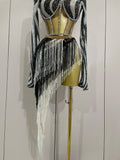 New Shiny Diamond Sequin Tassels Sexy Mesh Long Sleeved Two Piece Set Women Evening Birthday Party Nightclub Stage Costume