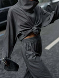 Casual Striped Women Two Piece Set Turtleneck Long Sleeve Loose Top Long Pants for Office Casual Outing Fashion New