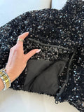 Womens Black Sequin Puffer Coat Zip Up Stand Collar Pockets Warm Jacket Fall Winter Party Club Streetwear Trendy Lady Cozy Wear