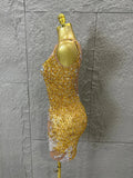 2026 New Sexy Fashion Gold Sparkly Dance Show Stage Costume Women Birthday Party Rhinestones Tassels Transparent Short Dress