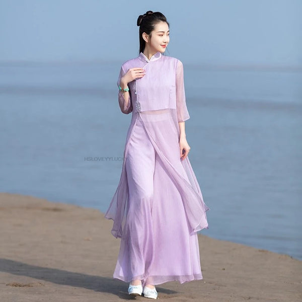 Vietnam Traditional Dress Aodai Chinese Improved Qipao Chiffon Fairy Women Elegant Oriental Improved Qipao Tea Art Hanfu Set