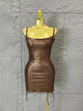 Women Sexy Metallic Gold Silver Bronze Bodycon Dress with Thin Straps and Drawstring Hem Evening Event Women Clubwear Outfit