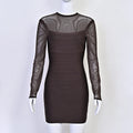 Vintage Elagant Brown Bandage Mini Dress Mesh See Through Sexy Evening Party Dress Slim Elastic Bodycon Dresses Women