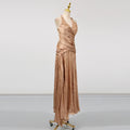 Solid Evening Spliced Folds Dress for Women Halter Sleeveless High Waist Pachwork See Through Backless Maxi Dresses Female