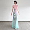 Printed Pink Green Elegant Cheongsam Dress Retro slim-fit Mesh Sleeveless Long Dress For Women Dance Qipao