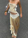 Sexy Tassel 2 Piece Set Women Irregular Halter Backless Bandages Tank Top+Patchwork Skirt New Trend Party Streetwear