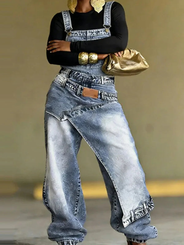 Women Baggy Jeans Overalls Wide Leg Irregular Wrap Washed Streetwear Chic Pocket Casual Autumn