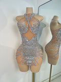 Women's Sparkly Birthday Mini Dress Crystals Diamonds Mesh Evening Party Gowns Performance Costume Stage Outfit Club Vestidos