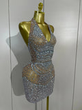 Sexy Sparkly Rhinestone Sleeveless Mesh See Through Mini Dress Luxury Birthday Dress Celebrate Party Club PhotoShoot Stage Wear