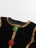Black Velvet Holiday Celebrations Maxi Gown for Women O Neck Gold Trim Slim Jewel Accent High Slit Dresses for Luxury Dinner