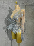 Sexy Madam Sparkling Crystal Bodysuit Long Sleeve See Through Mesh Jumpsuit Evening Party Bar Dancer Stage Wear ForFemale Singer