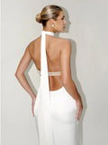 Elegant Solid Ribbon Women Halter Dress Off Shoulder Pearl Chain Backless Slim Female Maxi Dresses Wedding Gowns Chic Lady Robe