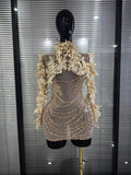 Sparkly Rhinestone Sequins Sexy Strapless Mesh See Through Mini Dress Women Eveing Party Birthday Nightclub Singer Stage Costume