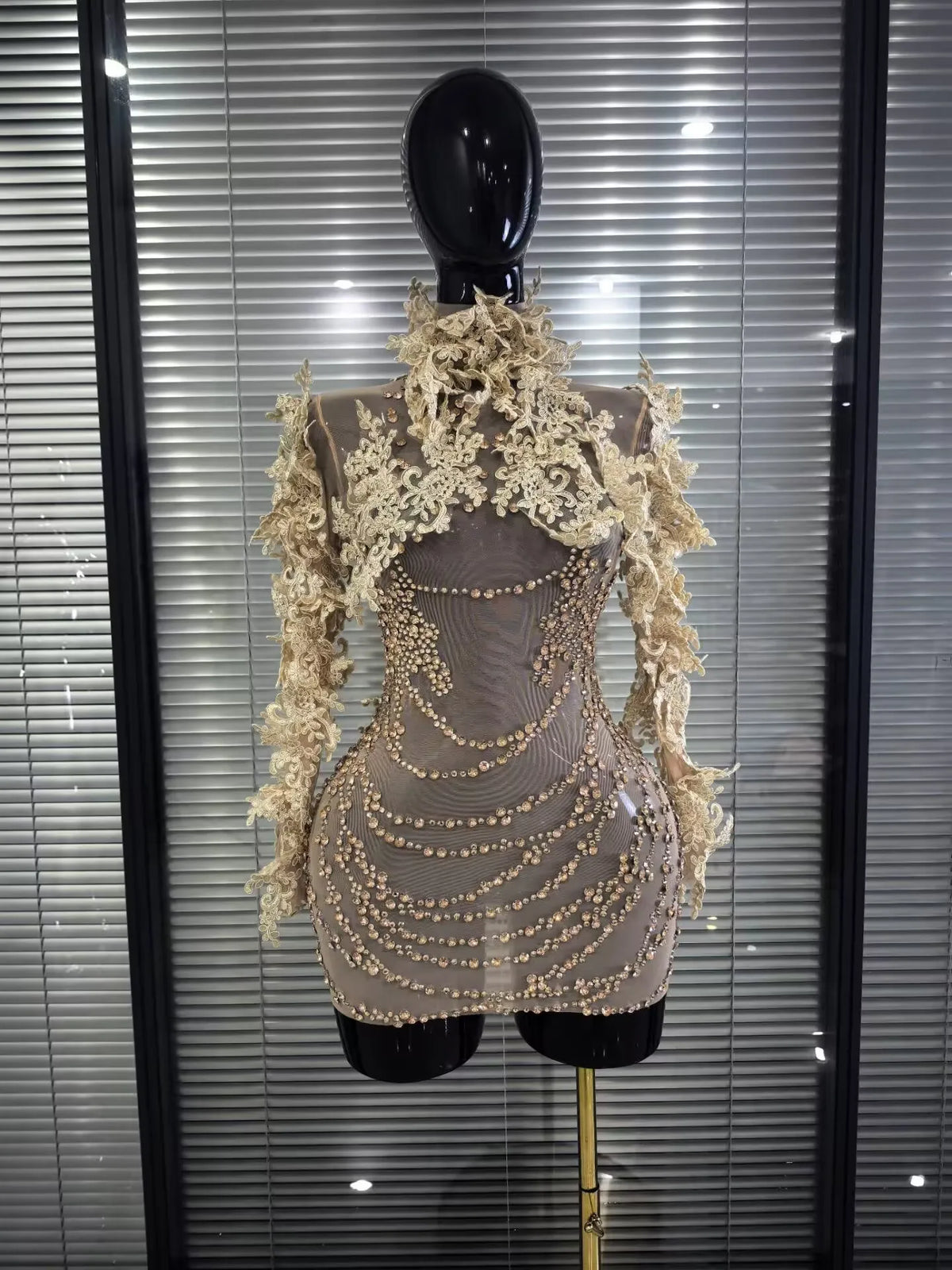 Sparkly Rhinestone Sequins Sexy Strapless Mesh See Through Mini Dress Women Eveing Party Birthday Nightclub Singer Stage Costume