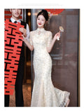 Wedding Dresses Mermaid Long Sleeves Mesh Lace Floral Chesongam Women Elegant Vestidos Stand Collar Chinese Style Dresses