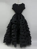 Elegant Spliced Tiered Ruffles Dress for Women O Neck Sleeveless Patchwork Lace Up Slim Formal Evening Puff Dresses Female