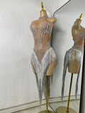 Sparkly Rhinestones Pearls Women Sexy Sleeveless High Split Mesh See Through Birthday Dress Nightclub Party Performance Costume
