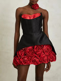 Sexy Party Spliced 3D Rose Dress for Women Strapless Sleeveless High Waist Hit Color Tutu Dresses with Necklace Female New