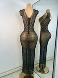 Sparkly Rhinestones Gold Black Long Dress Women Evening Prom Birthday Gown Sexy Transparent Performance Costume Stage Wear
