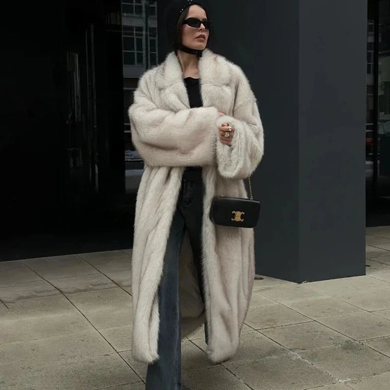 Full Sleeves Faux Long Coat Women's Fashion Casual Lapel Loose Warm Overcoats 2025 Winter New Daily High Street Outwear
