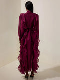 Solid Spliced Ruffles Folds Fashion Dresses for Women Tie a bow collar Long Sleeves High Waist Lace Up Maxi Dress Female