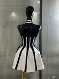 Women Sexy Halter Off the Shoulder Striped A-Line Mini Bandage Dress Celebrate Red Carpet Evening Party Cocktail Outfit