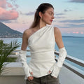 Sleeveless Skew Collar PU Leather Vest With Sleeves Top Two Pieces For Women Streetwear Fashion Slim Crop Tops Punk Style