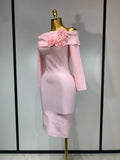 Women Sexy Off Shoulder Pink Flower Mini Bodycon Bandage Dresses Celebrity Elegant Evening Party Nightclub Wedding Clothing