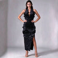 Elegant 3D Flower Applique Halter Maxi Dress Sexy Off Shoulder Backless Ruffled Bodycon Bandage Celebrity Evening Party Gowns
