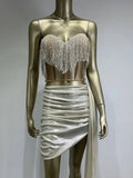 Gold Sheer Tube Top + Vertical Skirt Set Women's Fashion Hot Party Performance Evening Dress Vestido De Noche Vestidos De Fiesta