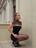 Sexy Lace Patchwork Mini Sheath Dress Elegant Women's Turtleneck Black Short Bodycon Dresses Summer Party Evening Club Wear 2026