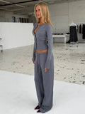 White Ribbed Knit Two Piece Set for Women Slim Button Accent Cardiagns Low Waist Loose Pant Suit for Casual Outings