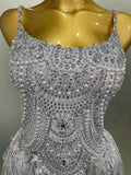 Sparkly Silver Rhinestones Pearl Tassels Bodysuit 2025 New Women Sexy Eveing Birthday Party Nightclub Stage Performance Costume