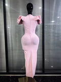 Black Pink Women Sexy Short Sleeve Shining Rhinestones Bodycon Long Bandage Dress Elegant Evening Bithday Party Cocktail Wear