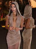 Mesh Hooded Dress Women Halter Swing Collar Backless Ruched Peach Hip 2026 New Vacation Sexy Elegant Hottie Bodycon