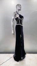 Women's Fashion Gloves Shiny Rhinestone Neck Waist Black Velvet Dress Celebrity Dinner Red Carpet Party Evening Performance Gown