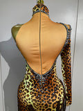 Sexy Leopard Print Stretch Dress Women Sparkly Rhinestones Tassel One Shoulder Latin Dance Outfits Nightclub Party Stage Costume