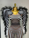 Women Long Sleeve Zebra Stripes Bodycon Jumpsuit Two Piece Set Birthday Party Nightclub Stage Performance Halloween Rompers